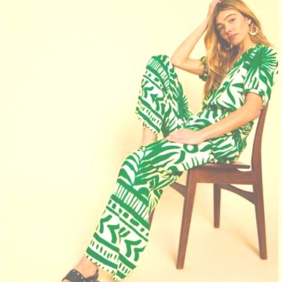 NWT Coord Set Sunburst Kiss White/Green Wide Pants Tropical Palm Print SET - Picture 1 of 8